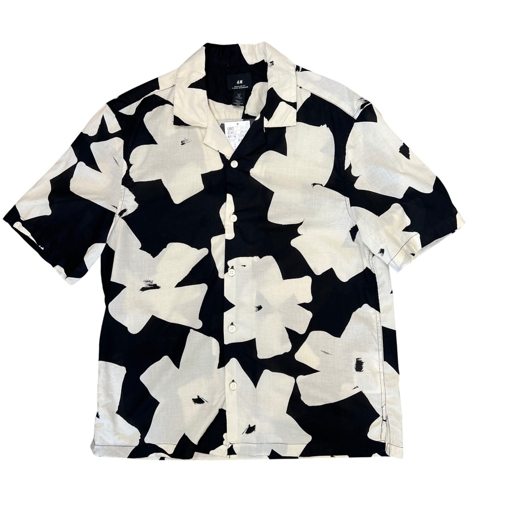HM Mens Abstract Floral Camp Collar Shirt Black Cream Cotton Regular Fit S‎ NEW